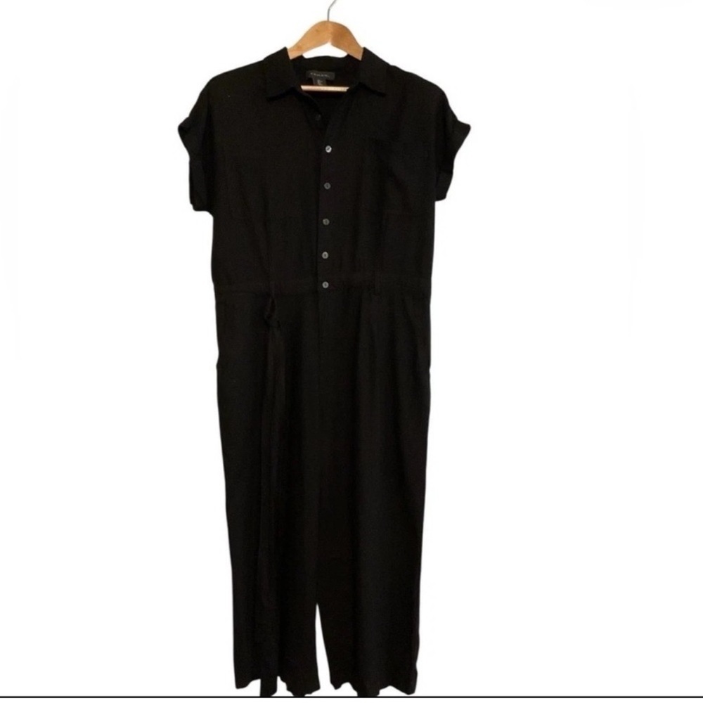 Tahari Womens Black Linen Blend Button Front Wide Leg Jumpsuit Size S Belted - Picture 3 of 7